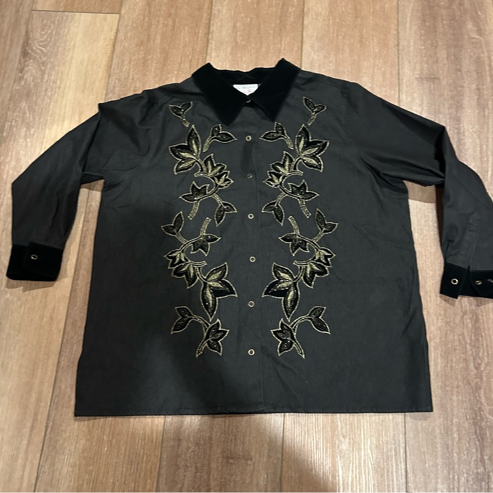 Vintage Victor Costa Black Shirt with Gold Embroidery